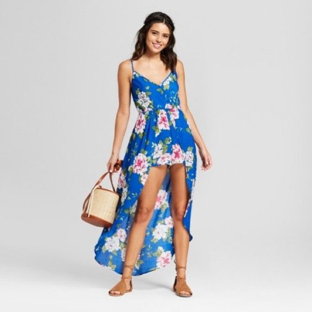 Floral Print High Low Romper Blue
